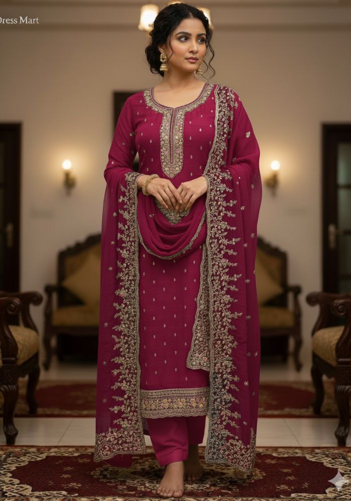 Luxury Embroidered Chiffon Suit with Organza Dupatta Maroon Colorv DHF