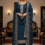 Luxury Embroidered Chiffon Suit with Organza Dupatta Ocean Blue Color DHF