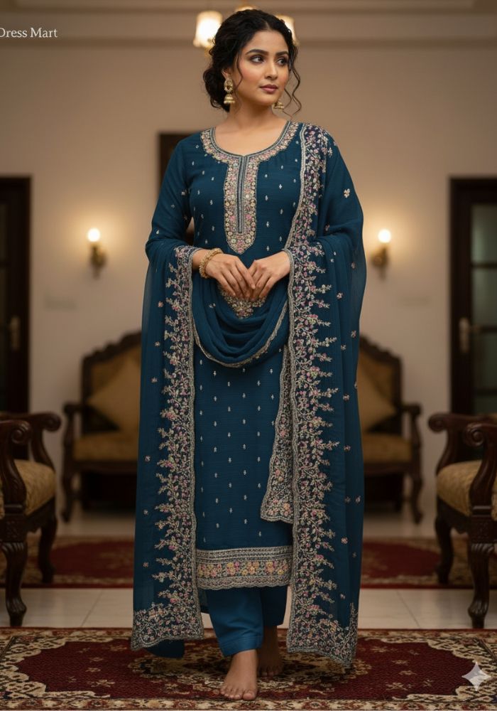 Luxury Embroidered Chiffon Suit with Organza Dupatta Ocean Blue Color DHF