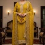 Luxury Embroidered Chiffon Suit with Organza Dupatta Yellow Color DHF