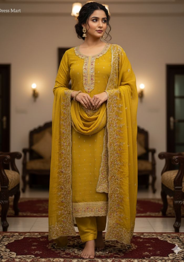 Luxury Embroidered Chiffon Suit with Organza Dupatta Yellow Color DHF