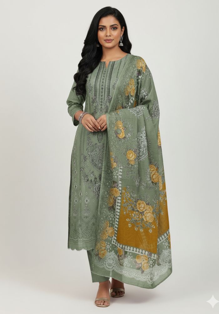 Mashal Exclusive Pure Cotton Digital Embroidered Lawn Voile Dupatta Oliv Color D-9047