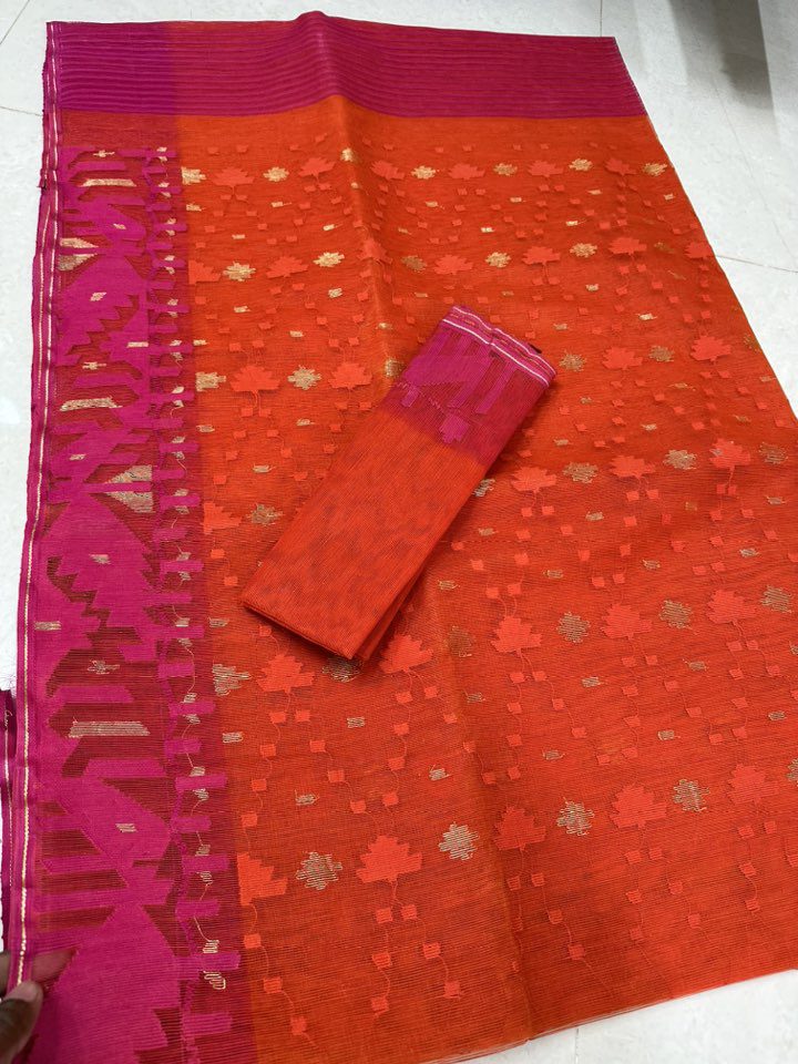 Original Dhakai Jamdani Sare Pure Cotton Orange Color DH 1