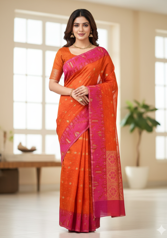 Original Dhakai Pure Cotton Jamdani Saree  Orange Color