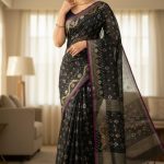 Original Dhakai Jamdani Sare Pure Cotton With Blouse Piece Black Color DH 7