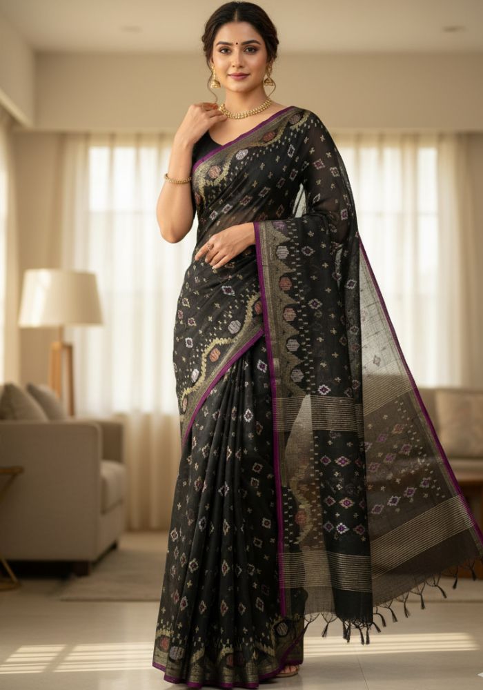 Original Dhakai Jamdani Sare Pure Cotton With Blouse Piece Black Color DH 7