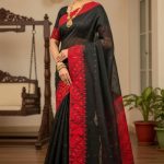 Original Dhakai Jamdani Sare Pure Cotton With Blouse Piece Black Color DH11