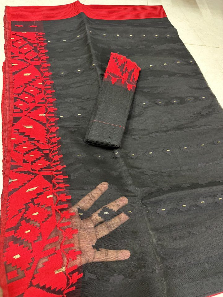 Original Dhakai Jamdani Sare Pure Cotton With Blouse Piece Black Green Color DH11 (2)