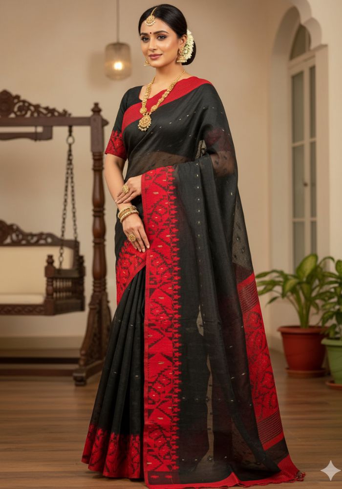 Original Dhakai Jamdani Sare Pure Cotton With Blouse Piece Black Color DH11