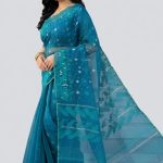 Original Dhakai Jamdani Sare Pure Cotton With Blouse Piece Blue Color DH 4