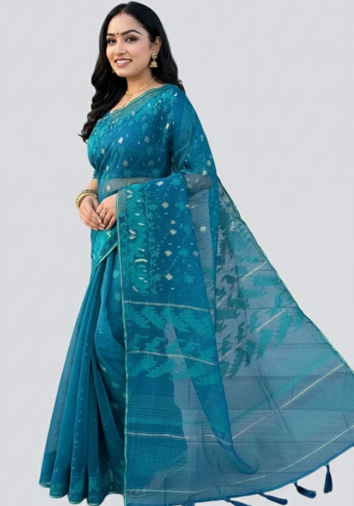 Original Dhakai Jamdani Sare Pure Cotton With Blouse Piece Blue Color DH 4