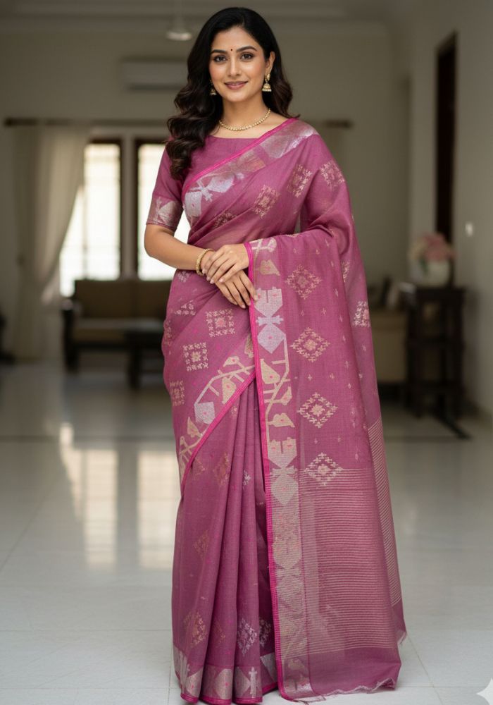 Original Dhakai Jamdani Saree Pure Cotton With Blouse Piece Chokolate Color DH12