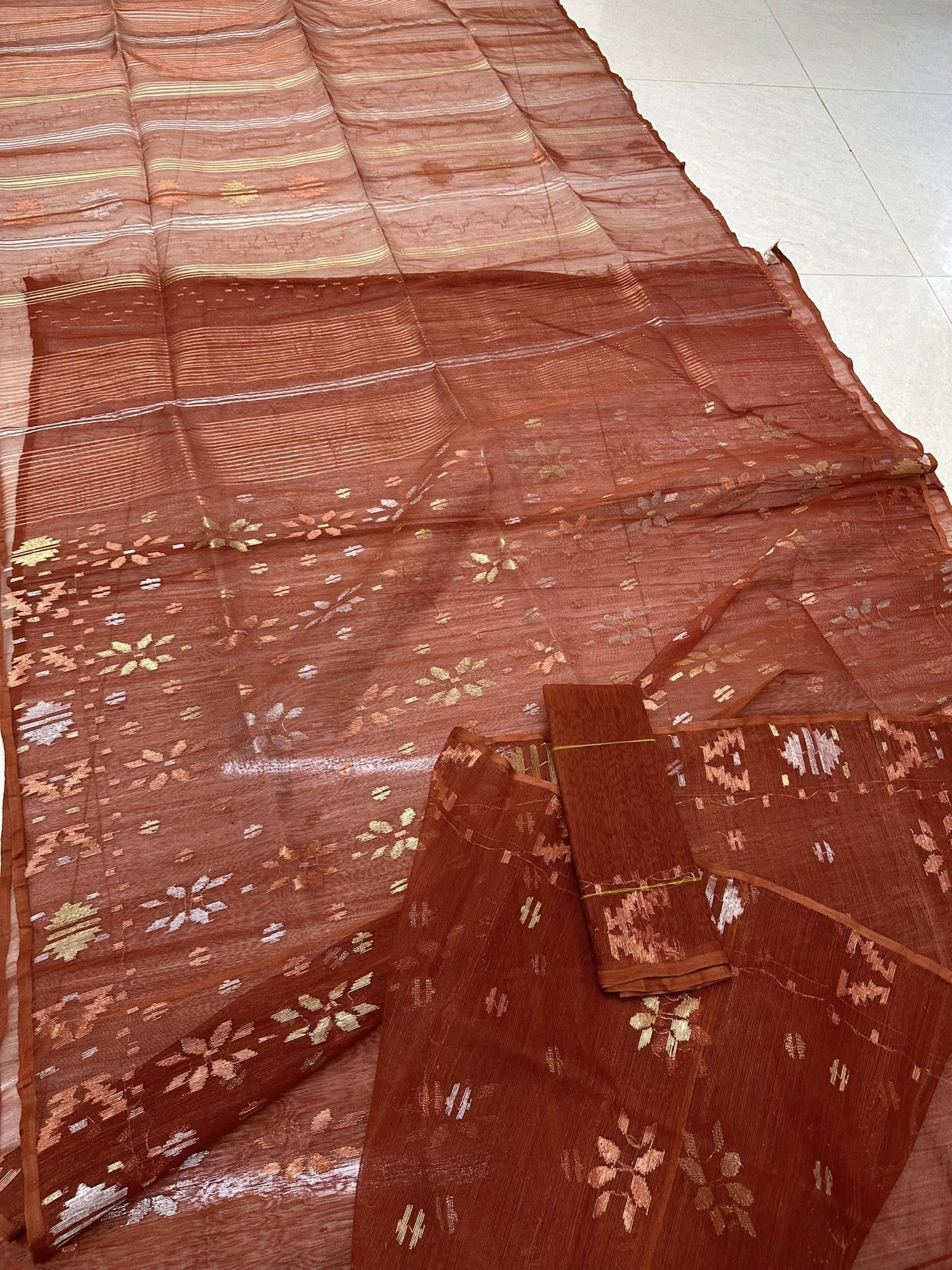 Original Dhakai Jamdani Sare Pure Cotton With Blouse Piece Coffee Color DH 6