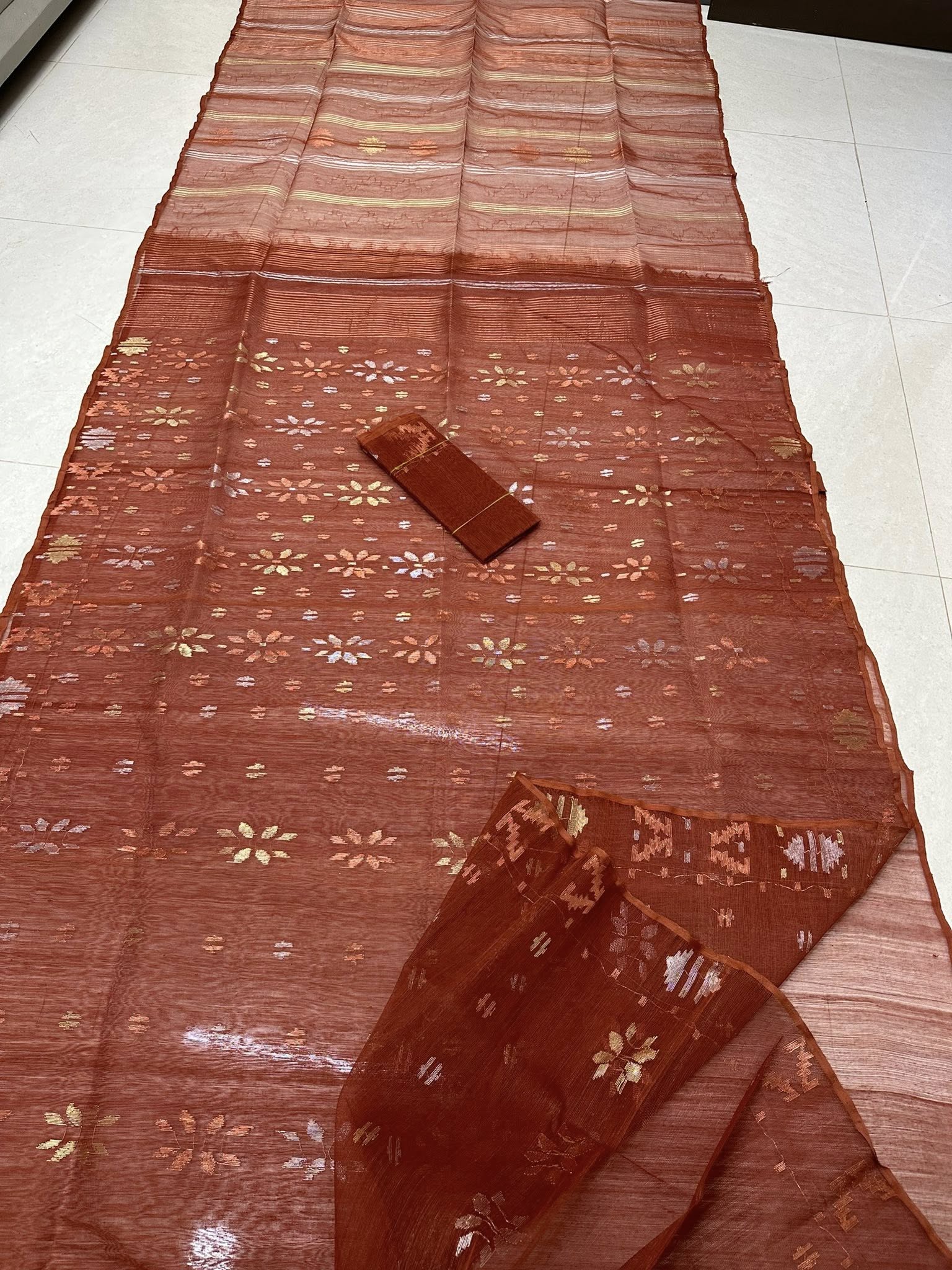 Original Dhakai Jamdani Sare Pure Cotton With Blouse Piece Coffee Color DH 6 (2)