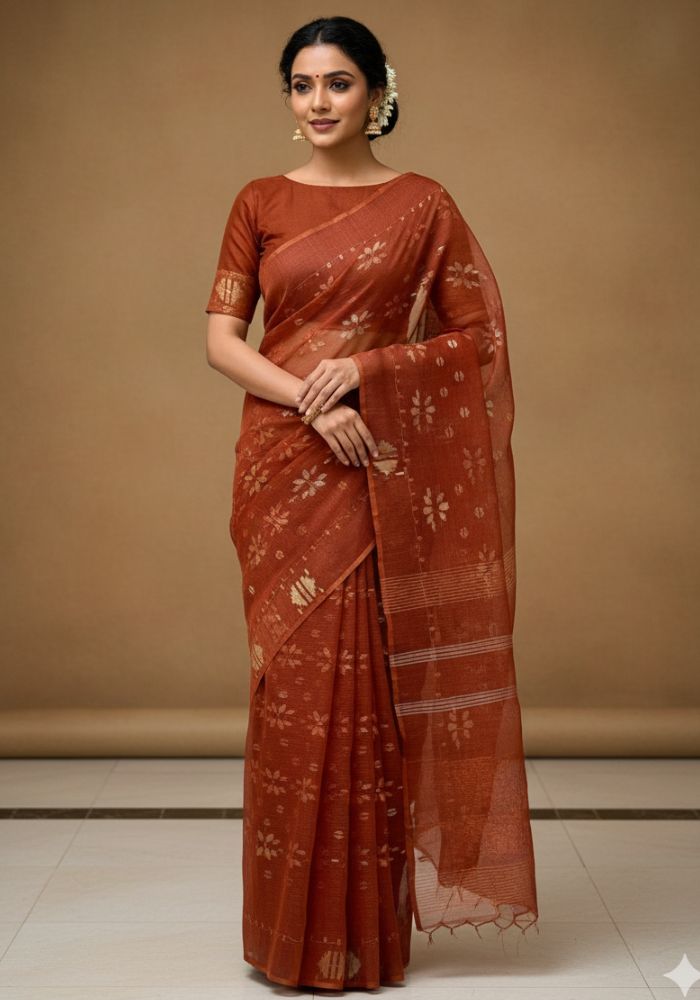 Original Dhakai Jamdani Sare Pure Cotton With Blouse Piece Coffee Color DH 6