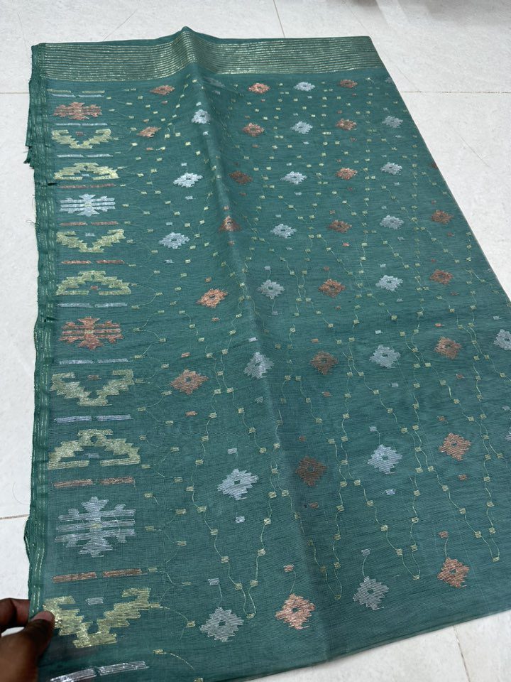 Original Dhakai Jamdani Sare Pure Cotton With Blouse Piece Moonstone Blue Color DH9 (2)