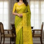 Original Dhakai Jamdani Sare Pure Cotton With Blouse Piece Oliv Green Color DH10