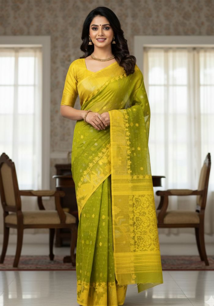 Original Dhakai Jamdani Sare Pure Cotton With Blouse Piece Oliv Green Color DH10