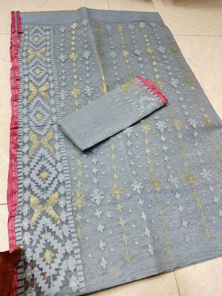 Original Dhakai Jamdani Saree Pure Cotton With Blouse Piece Ash Color DH13 (2)