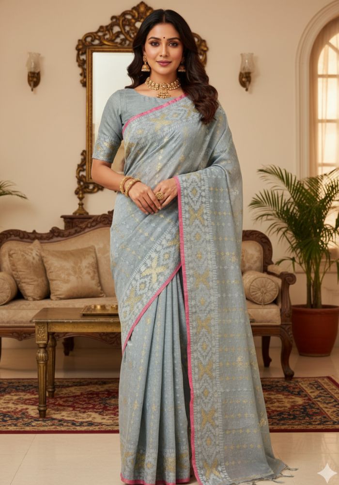 Original Dhakai Jamdani Saree Pure Cotton With Blouse Piece Ash Color DH13