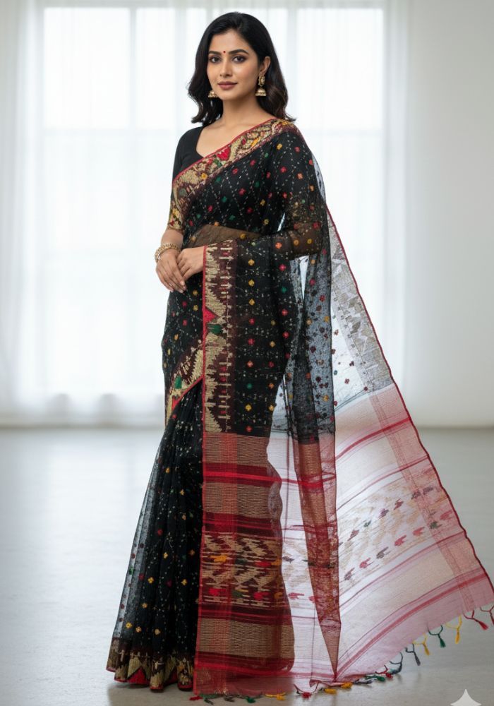 Original Dhakai Jamdani Saree Pure Cotton With Blouse Piece Black Color DH25