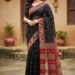 Original Dhakai Jamdani Saree Pure Cotton With Blouse Piece Black Color DH32