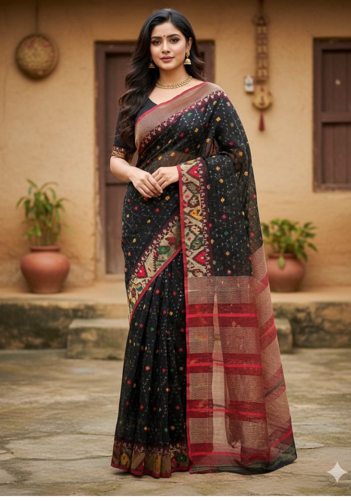 Original Dhakai Jamdani Saree Pure Cotton With Blouse Piece Black Color DH32