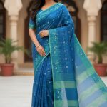 Original Dhakai Jamdani Saree Pure Cotton With Blouse Piece Blue Color DH15