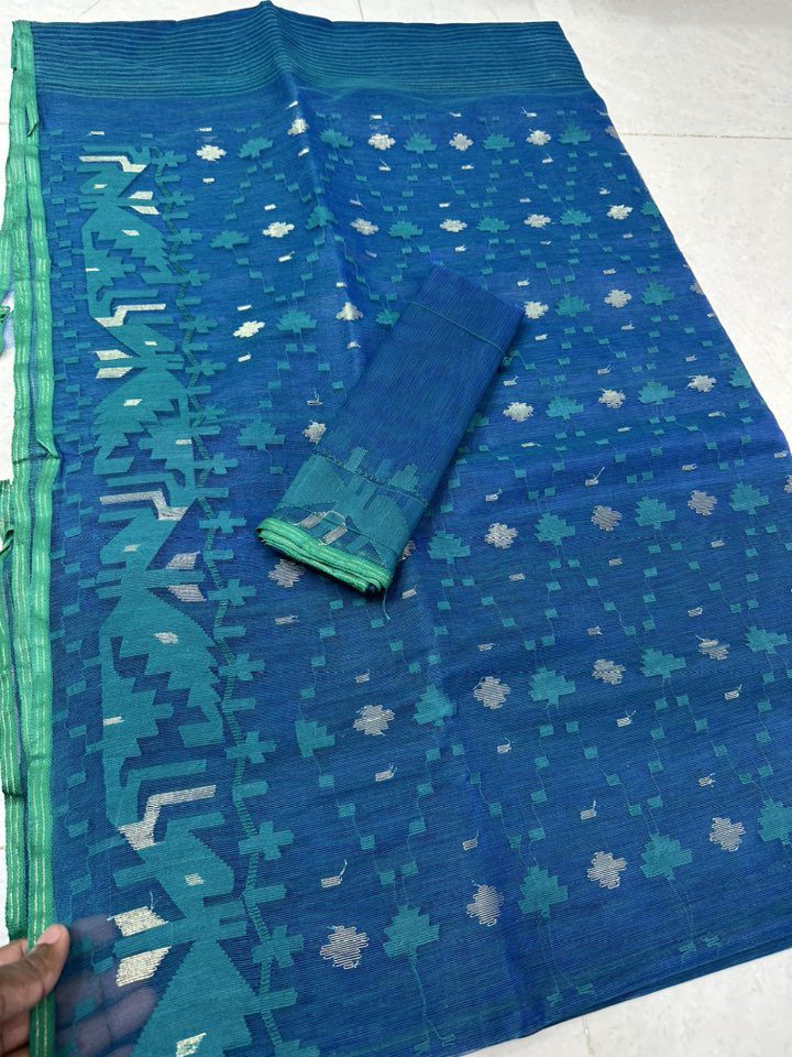 Original Dhakai Jamdani Saree Pure Cotton With Blouse Piece Blue Color DH15 (2)