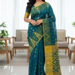 Original Dhakai Jamdani Saree Pure Cotton With Blouse Piece Green Color DH19