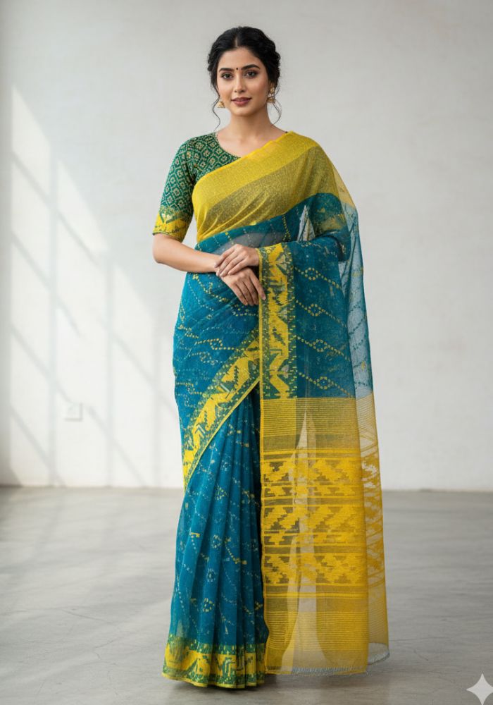 Original Dhakai Jamdani Saree Pure Cotton With Blouse Piece Blue Color DH24