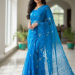 Original Dhakai Jamdani Saree Pure Cotton With Blouse Piece Blue Color DH33