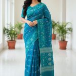 Original Dhakai Jamdani Saree Pure Cotton With Blouse Piece Ocean Blue Color DH34