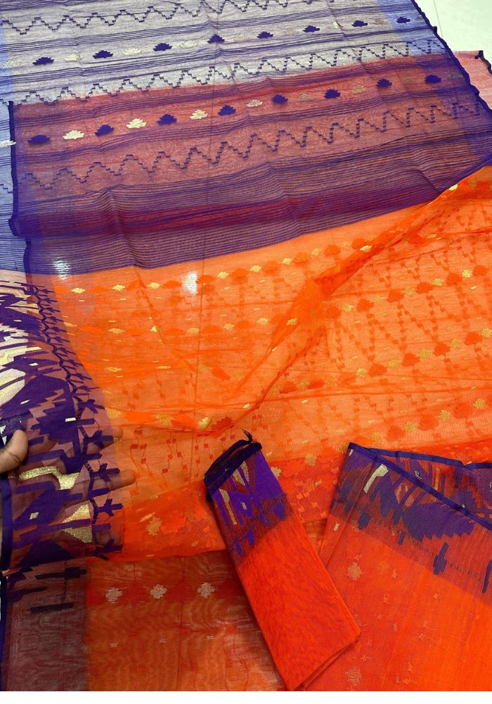 Original Dhakai Jamdani Saree Pure Cotton With Blouse Piece DH35 (1)