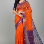 Original Dhakai Jamdani Saree Pure Cotton With Blouse Piece Orange Color DH35
