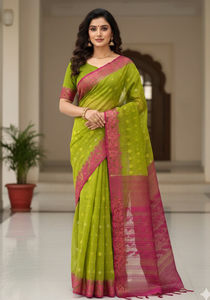 Original Dhakai Jamdani Saree Pure Cotton With Blouse Piece Green Color DH17