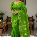 Original Dhakai Jamdani Saree Pure Cotton With Blouse Piece Green Color DH18
