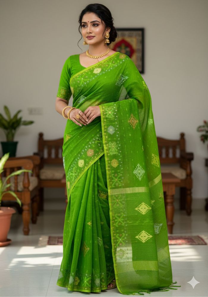 Original Dhakai Jamdani Saree Pure Cotton With Blouse Piece Green Color DH18
