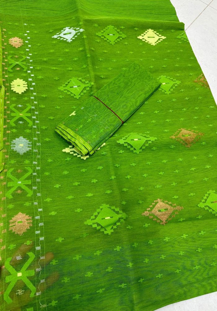 Original Dhakai Jamdani Saree Pure Cotton With Blouse Piece Green Color DH29 (1)
