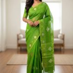 Original Dhakai Jamdani Saree Pure Cotton With Blouse Piece Green Color DH29
