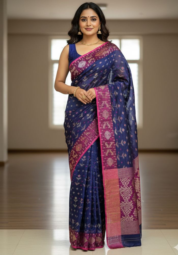 Original Dhakai Jamdani Saree Pure Cotton With Blouse Piece Navy Blue Color DH14