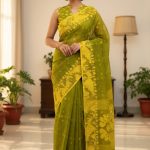 Original Dhakai Jamdani Saree Pure Cotton With Blouse Piece Oliv Green Color DH20
