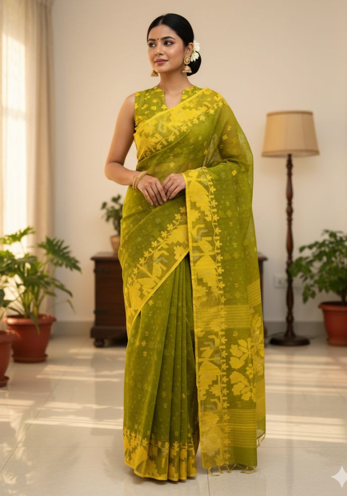 Original Dhakai Jamdani Saree Pure Cotton With Blouse Piece Oliv Green Color DH20