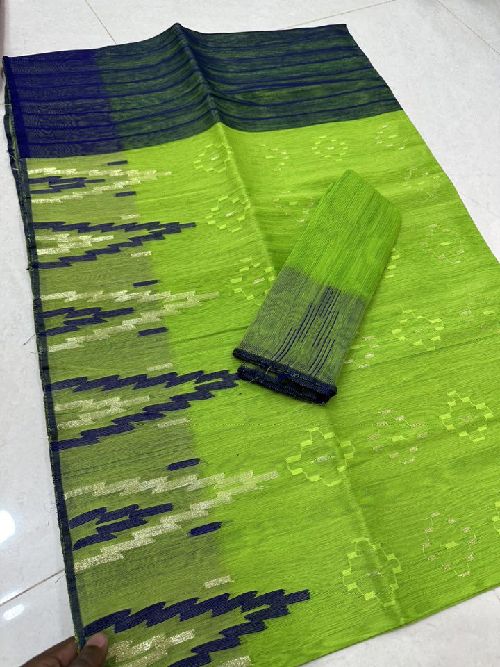 Original Dhakai Jamdani Saree Pure Cotton With Blouse Piece Oliv Green Color DH21 (2)