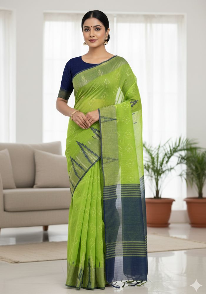 Original Dhakai Jamdani Saree Pure Cotton With Blouse Piece Oliv Green Color DH21