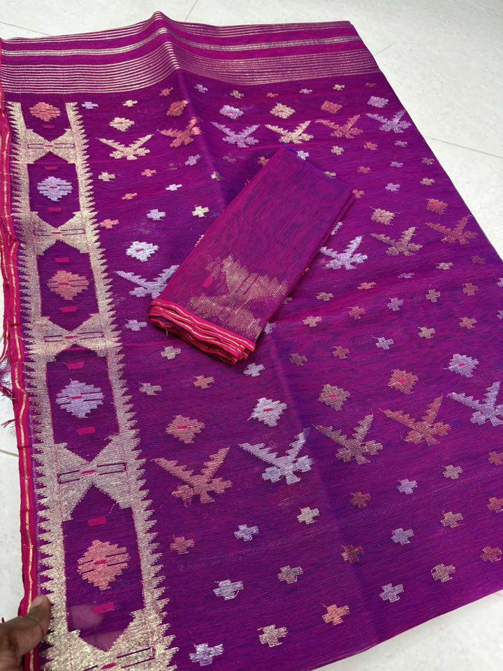 Original Dhakai Jamdani Saree Pure Cotton With Blouse Piece Purple Color DH16 (2)