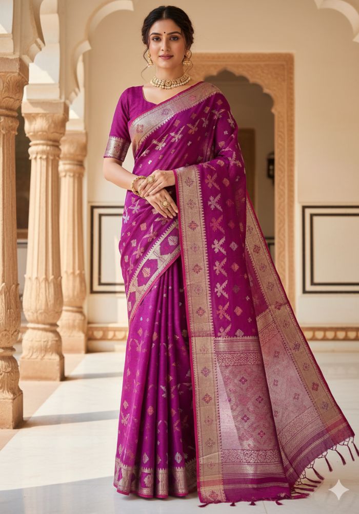 Original Dhakai Jamdani Saree Pure Cotton With Blouse Piece Purple Color DH16