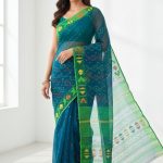 Original Dhakai Jamdani Saree Pure Cotton With Blouse Piece Blue Color DH26