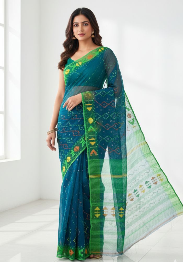 Original Dhakai Jamdani Saree Pure Cotton With Blouse Piece Blue Color DH26