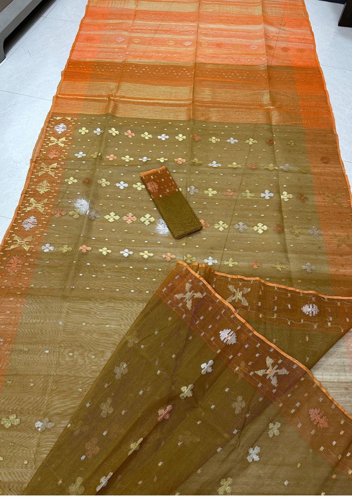 Original Dhakai Jamdani Saree Pure Cotton With Blouse Piece brown Color DH27